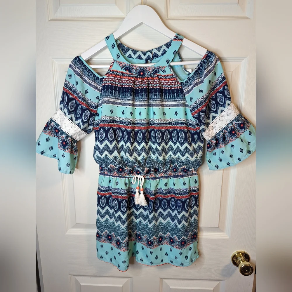 My Michelle girls blue multicolor romper open shoulders size large NWT
